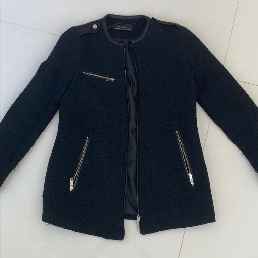 Zara Black/Navy blue Knit Jacket w/ Leather Trim